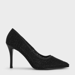 C&K Mesh Crystal-Embellished Pointed-Toe Pumps - Black Textured