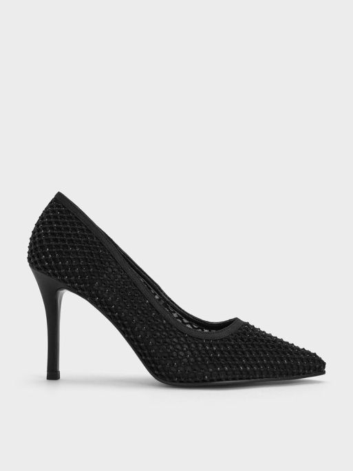 C&K Mesh Crystal-Embellished Pointed-Toe Pumps - Black Textured