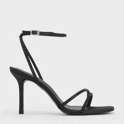 C&K Satin Crystal-Embellished Stiletto-Heel Sandals - Black Textured