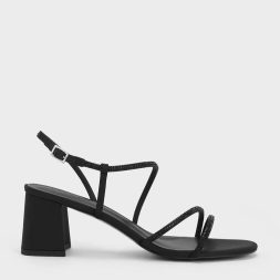C&K Satin Crystal-Embellished Strappy Sandals - Black Textured