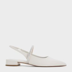 C&K Crystal-Strap Pointed-Toe Slingback Flats - White