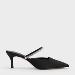 C&K Satin Braided-Strap Pointed-Toe Mules - Black Textured