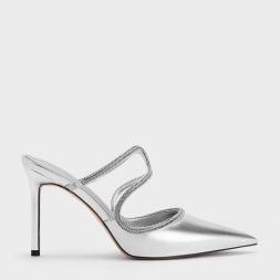 C&K Metallic Braided-Strap Stiletto-Heel Mules - Silver