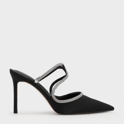 C&K Satin Braided-Strap Stiletto-Heel Mules - Black Textured