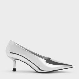 C&K Metallic Pointed-Toe Kitten-Heel Pumps - Silver