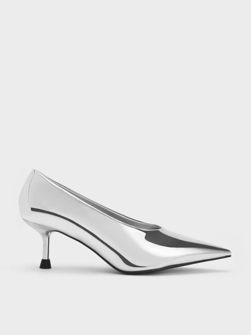 C&K Metallic Pointed-Toe Kitten-Heel Pumps - Silver