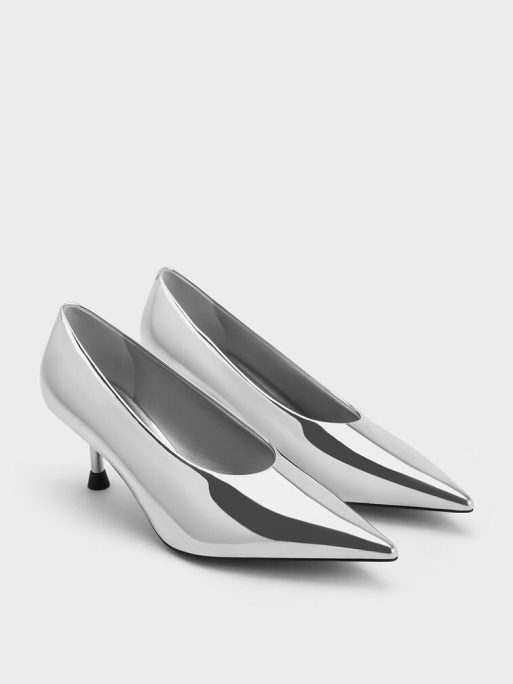 C&K Metallic Pointed-Toe Kitten-Heel Pumps - Silver - Image 2