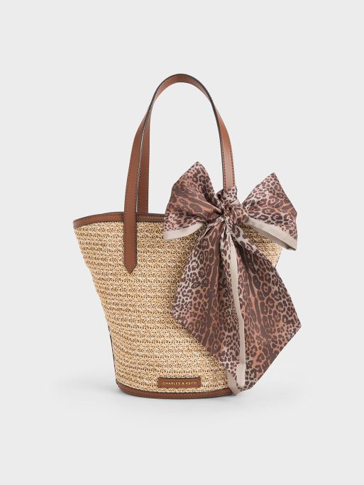 C&K Sianna Raffia Scarf-Print Tote Bag - Camel