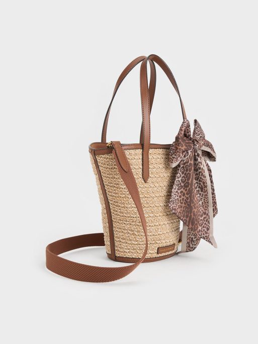 C&K Sianna Raffia Scarf-Print Tote Bag - Camel - Image 2