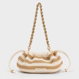 CHARLES & KEITH Ida Knitted Striped Chain-Handle Clutch - Sand