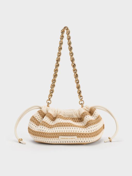 CHARLES & KEITH Ida Knitted Striped Chain-Handle Clutch - Sand