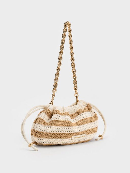 CHARLES & KEITH Ida Knitted Striped Chain-Handle Clutch - Sand - Image 2