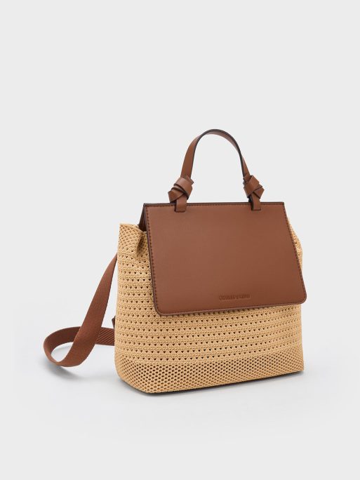 CHARLES & KEITH Ida Knitted Front Flap Backpack - Beige - Image 2
