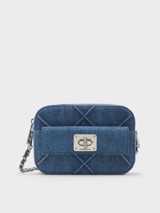 CHARLES & KEITH Eleni Denim Quilted Zip Crossbody Bag - Denim Blue