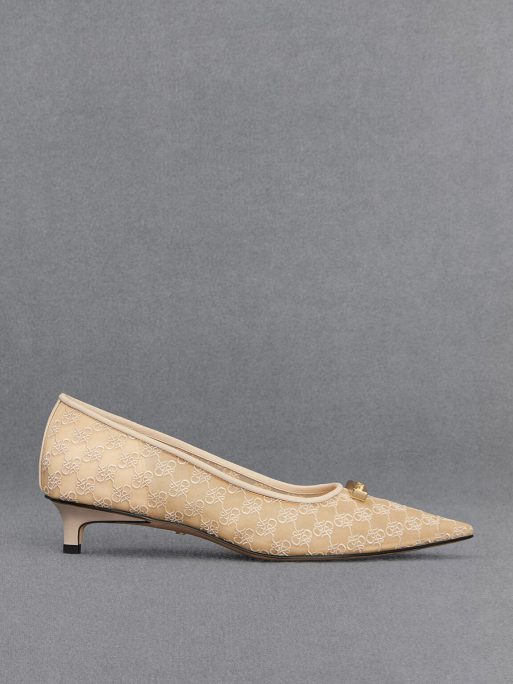 L'INITIAL Mesh Kitten-Heel Pumps - Beige