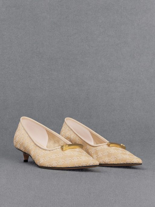 L'INITIAL Mesh Kitten-Heel Pumps - Beige - Image 3