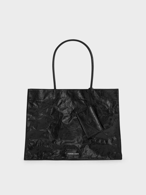 CHARLES & KEITH Large Matina Crinkle-Effect Tote Bag - Jet Black