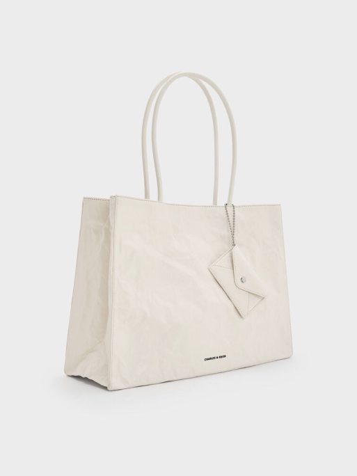 CHARLES & KEITHLarge Matina Crinkle-Effect Tote Bag - Cream - Image 3