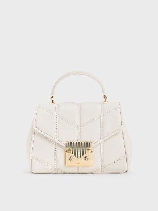 CHARLES & KEITH Eudora Chevron Top Handle Bag - Cream