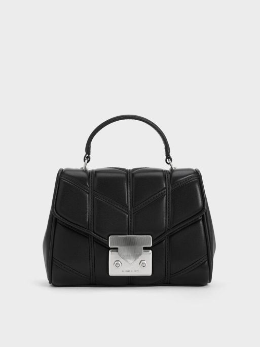 CHARLES & KEITH Eudora Chevron Top Handle Bag - Noir