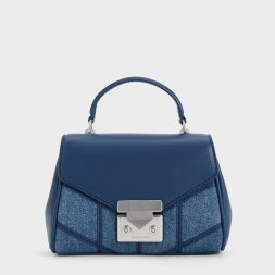 CHARLES & KEITH Eudora Denim Chevron Top Handle Bag - Denim Blue