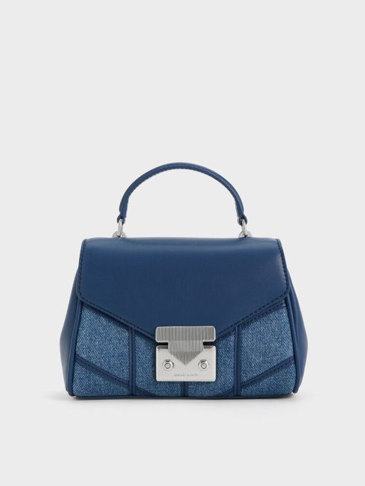 CHARLES & KEITH Eudora Denim Chevron Top Handle Bag - Denim Blue