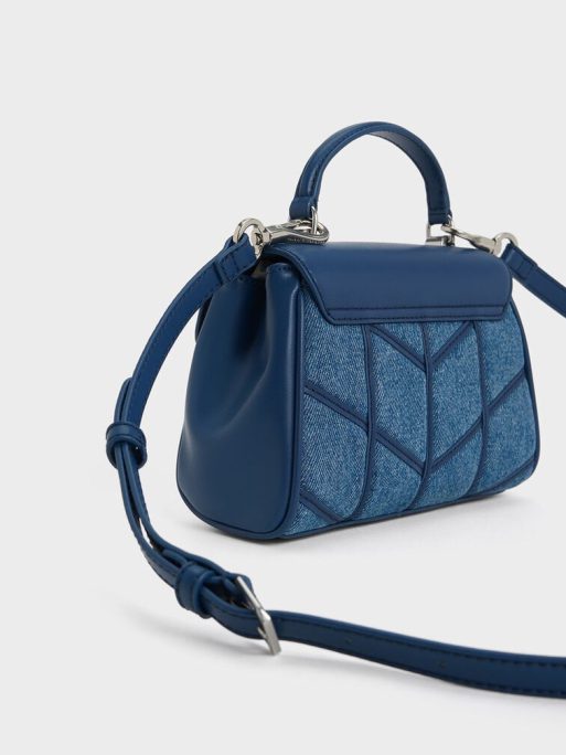 CHARLES & KEITH Eudora Denim Chevron Top Handle Bag - Denim Blue - Image 3