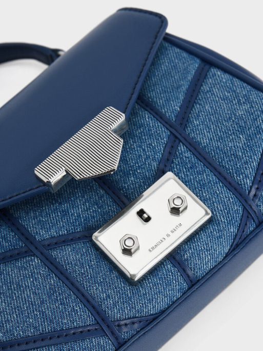 CHARLES & KEITH Eudora Denim Chevron Top Handle Bag - Denim Blue - Image 4
