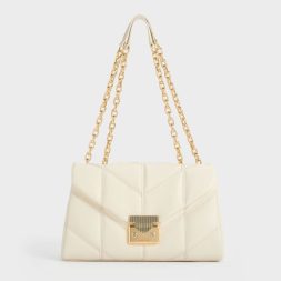 CHARLES & KEITH Eudora Chevron Trapeze Bag - Cream