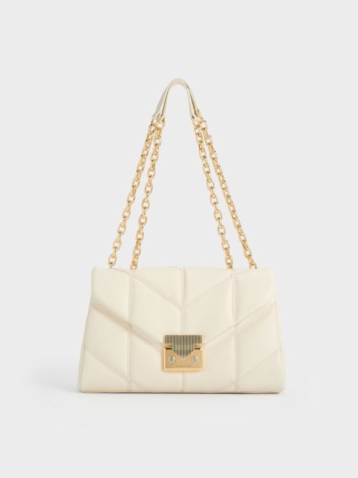 CHARLES & KEITH Eudora Chevron Trapeze Bag - Cream