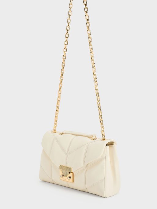 CHARLES & KEITH Eudora Chevron Trapeze Bag - Cream - Image 3