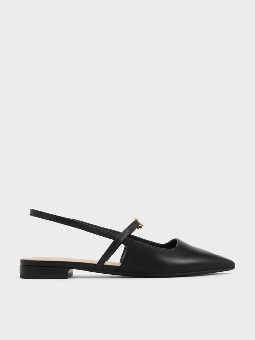 CHARLES & KEITH Metallic-Accent Pointed-Toe Slingback Flats - Black