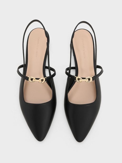CHARLES & KEITH Metallic-Accent Pointed-Toe Slingback Flats - Black - Image 5