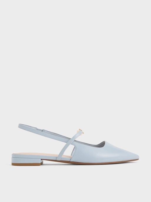 CHARLES & KEITH Metallic-Accent Pointed-Toe Slingback Flats - Light Blue