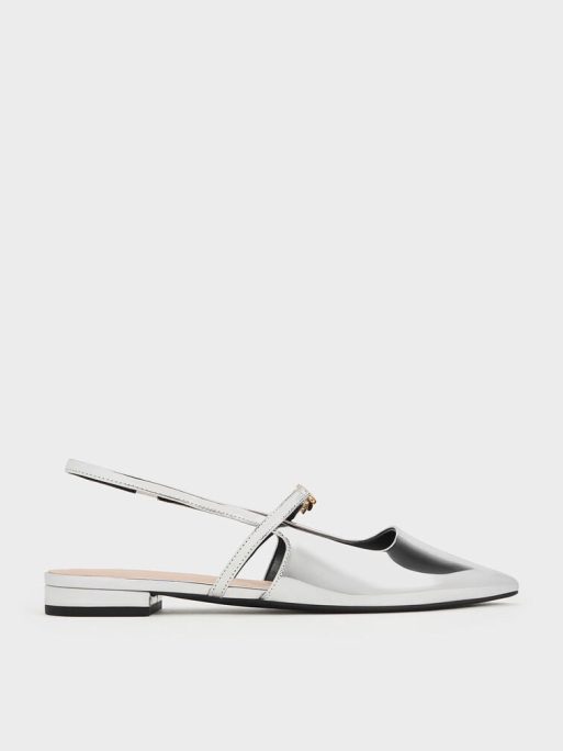 CHARLES & KEITH Metallic-Accent Pointed-Toe Slingback Flats - Silver