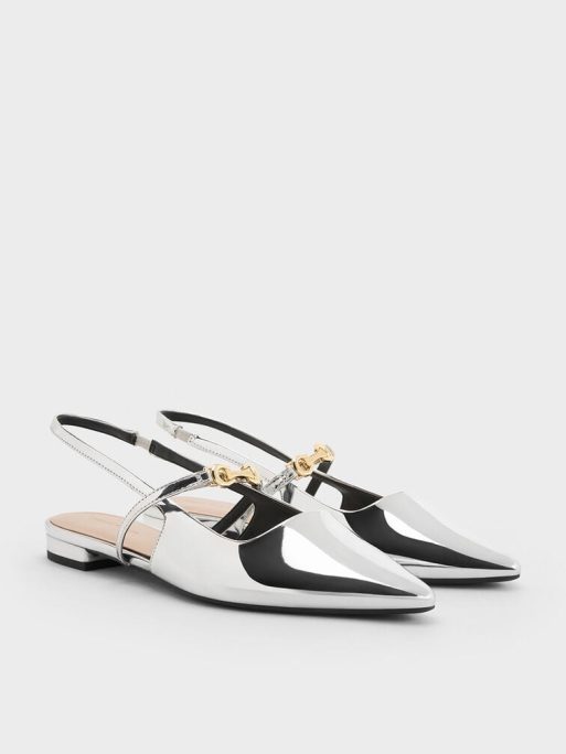 CHARLES & KEITH Metallic-Accent Pointed-Toe Slingback Flats - Silver - Image 3