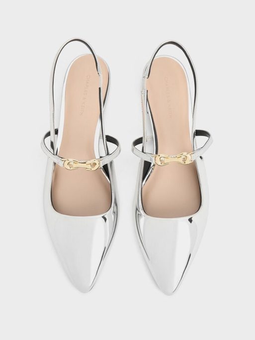 CHARLES & KEITH Metallic-Accent Pointed-Toe Slingback Flats - Silver - Image 7