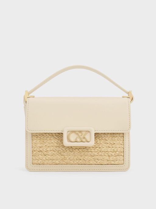 C&K Leather & Raffia Boxy Bag - Beige