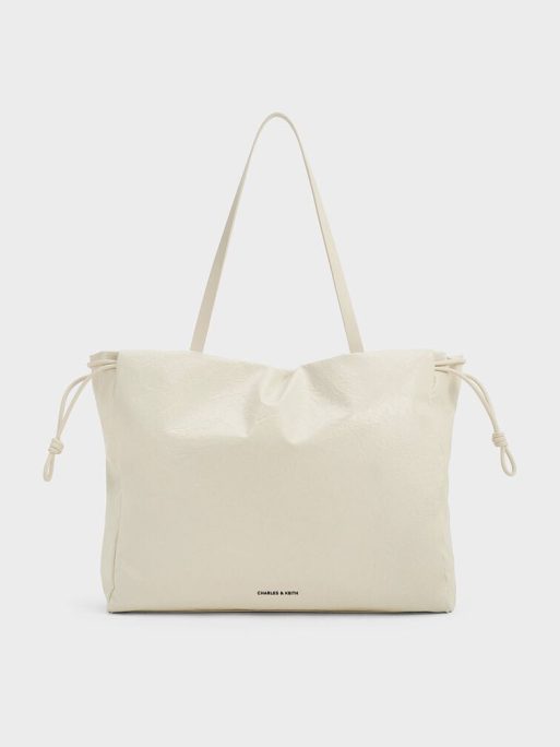 C&K Bethel Crinkle-Effect Ruched Drawstring Tote Bag - Cream