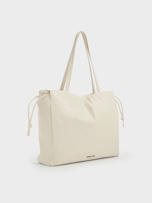C&K Bethel Crinkle-Effect Ruched Drawstring Tote Bag - Cream - Image 2