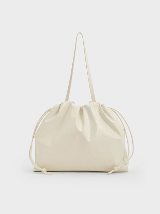 C&K Bethel Crinkle-Effect Ruched Drawstring Tote Bag - Cream - Image 3