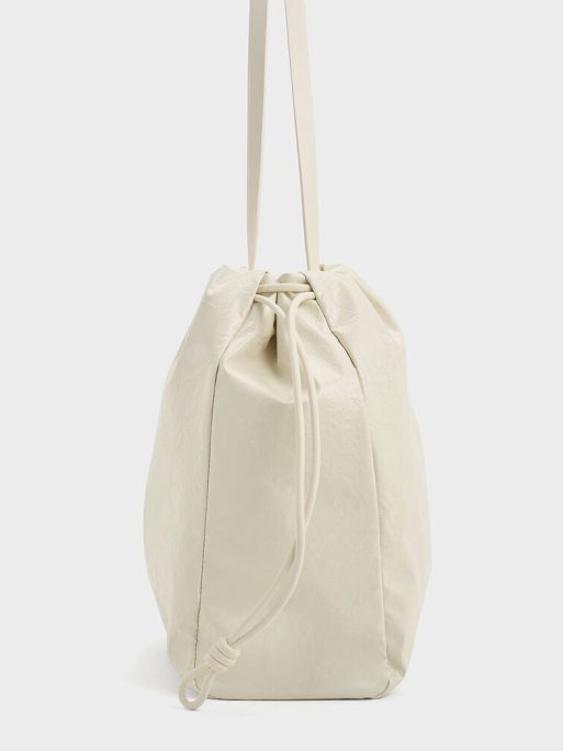 C&K Bethel Crinkle-Effect Ruched Drawstring Tote Bag - Cream - Image 4