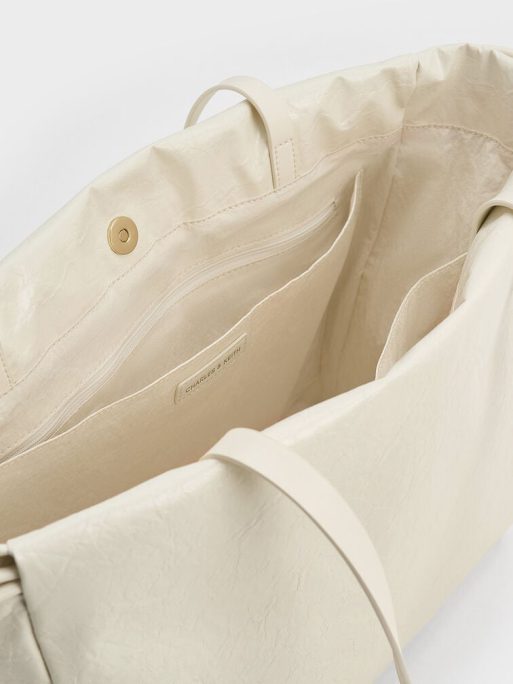 C&K Bethel Crinkle-Effect Ruched Drawstring Tote Bag - Cream - Image 5