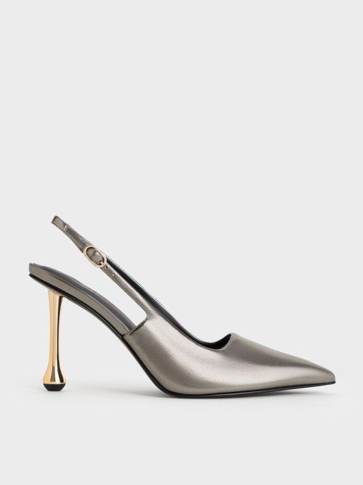 C&K Metallic Sculptural-Heel Pointed-Toe Pumps - Pewter