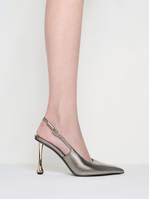 C&K Metallic Sculptural-Heel Pointed-Toe Pumps - Pewter - Image 2