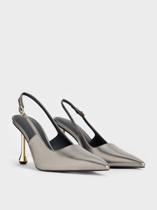 C&K Metallic Sculptural-Heel Pointed-Toe Pumps - Pewter - Image 3