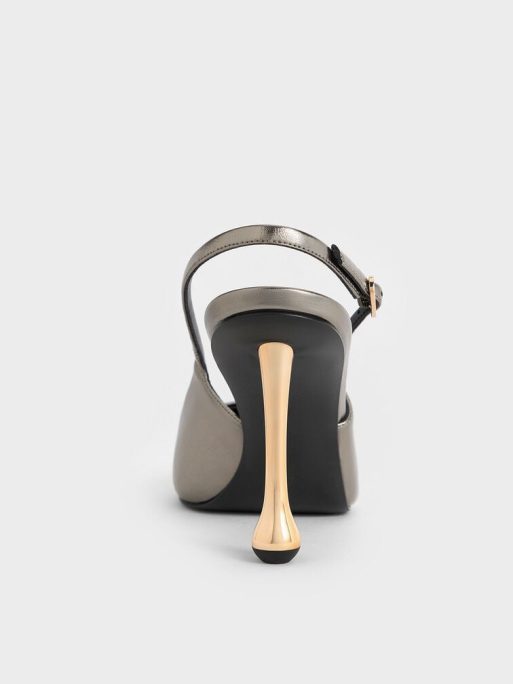 C&K Metallic Sculptural-Heel Pointed-Toe Pumps - Pewter - Image 4