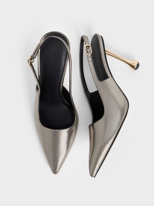 C&K Metallic Sculptural-Heel Pointed-Toe Pumps - Pewter - Image 6