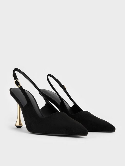 C&K Faux Suede Sculptural-Heel Pointed-Toe Pumps - Black Textured - Image 3