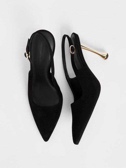 C&K Faux Suede Sculptural-Heel Pointed-Toe Pumps - Black Textured - Image 6